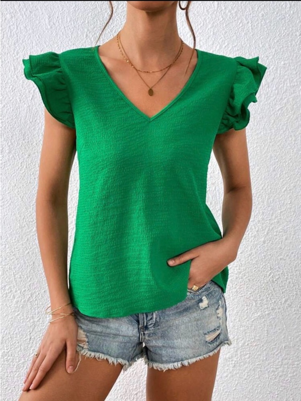 LIKE NEW SHEIN Privé Solid Ruffle Trim V Neck Butterfly Sleeve Blouse - Sz L